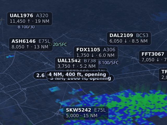 Tabletop over Houston: planes with labels, Class B shelves and rain radar
